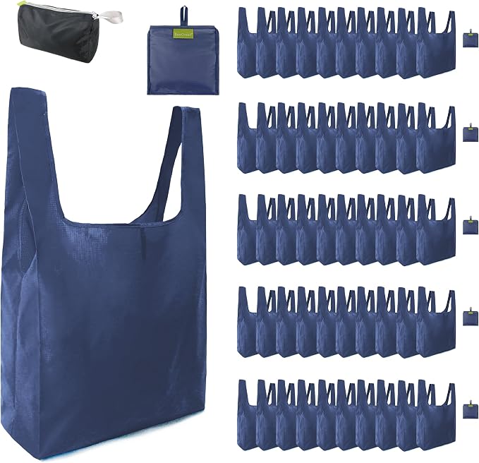 BeeGreen Blue Reusable Grocery Bags Wholesale Royal Reusable Kitchen Bags Bulk Foldable-Machine Washable with Zipper Storage Pouch 50 Packs by BeeGreen