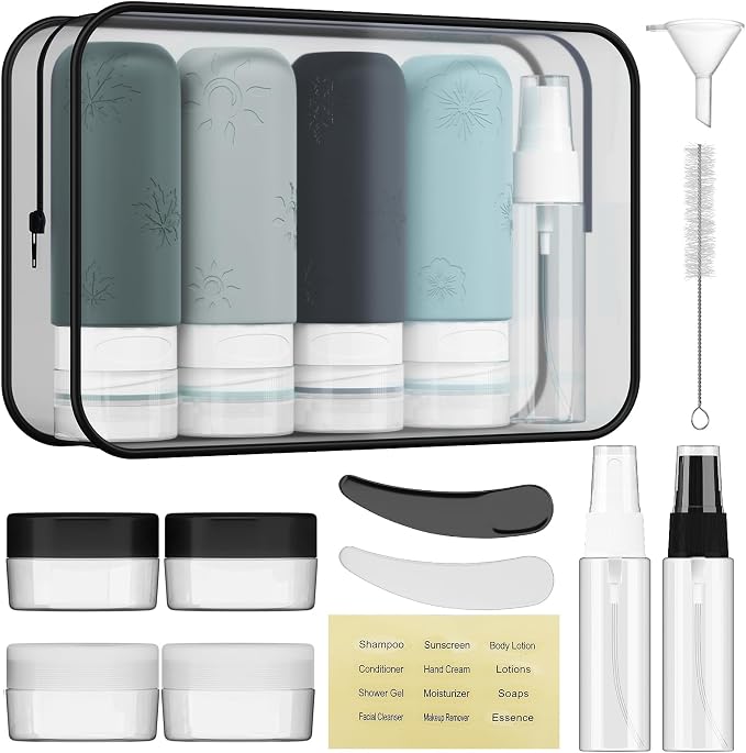 16 Pack Travel Bottles for Toiletries, Silicone TSA Approved-Containers for Toiletries,3oz Silicone Travel Bottles Set Leak Proof Refillable Liquid,Shampoo and Conditioner Travel Toiletry Bottles Grey by Amphism