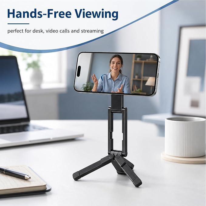 Phone Stand,360°Rotating Phone Tripod,Selfie Stick for iPhone,Phone Stand for Desk,Magnetic Phone Stand Foldable Cell Phone Stand Fits Gym, Travel Essentials Accessories(Black Aluminum Alloy) - Image 3
