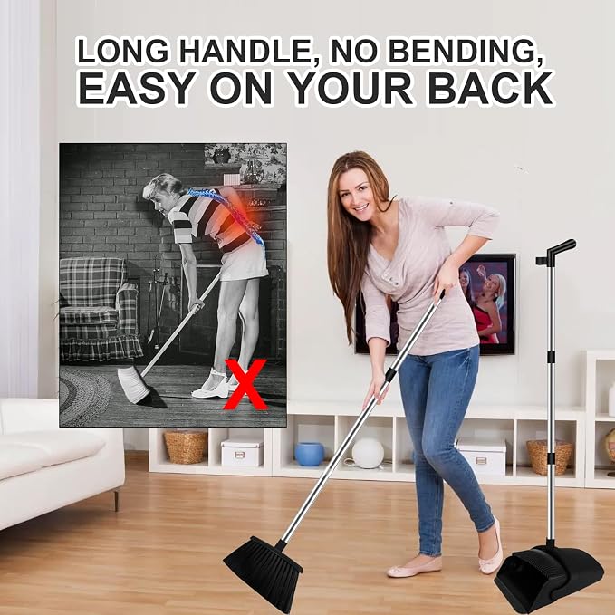 Black Broom and Dustpan Combo Set, 51" Long Handle Broom | Hands-Free Pet Hair Cleaning, Built-in Comb Dustpan, Space-Saving Storage, Multi-Surface Use for Home, Kitchen & Office - Image 3