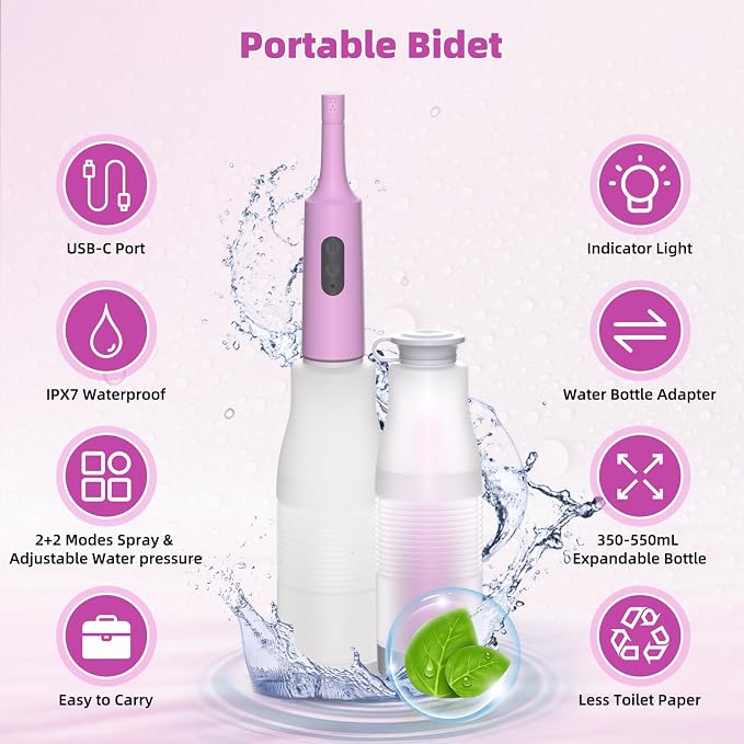 Hibbent Portable Bidet for Travel, High Pressure Electric Handheld Bidet Sprayer, 350-550ML Expandable Bottle for Personal Hygiene, USB-C Rechargeable Waterproof, Travel Sprayer for Women & Men, Pink - Image 7