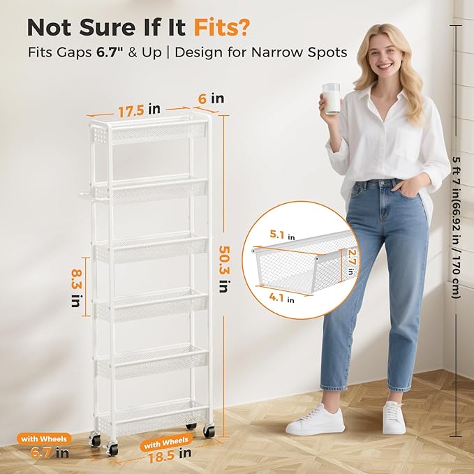6 Tier Slim Storage Cart with Wheels, 6" D Rolling Storage Cart for Small Space, Metal Narrow Spice Cabinet Mobile Shelving Unit Organizer with Handle for Kitchen, Laundry - White - Image 2