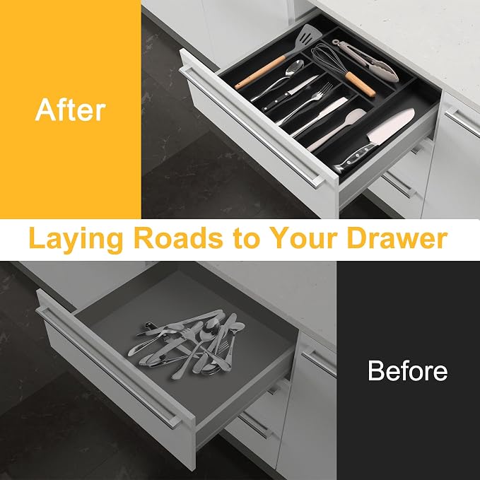 Large Premium Bamboo Silverware Organizer - Expandable Drawer Organizer & Utensil Organizer - 17"x19.7" Cutlery Tray with Dividers for Kitchen Utensils and Flatware (7-9 Slots) (Black) - Image 4
