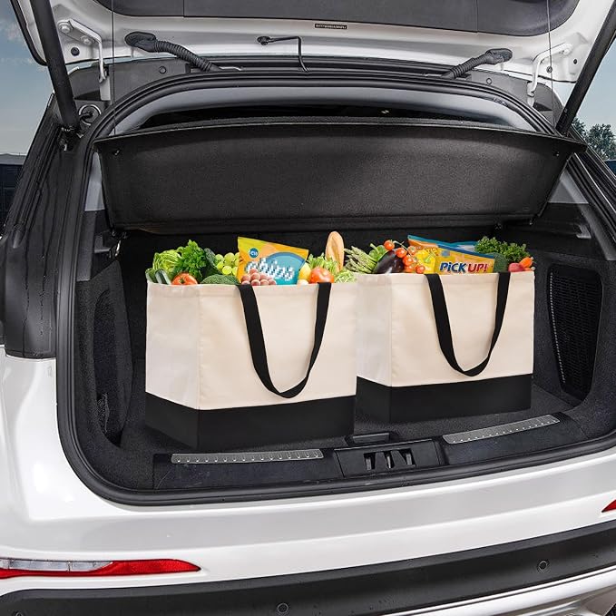 Extra Large Canvas Tote Bag with Pockets, Reusable Grocery Bags Heavy Duty | 14.6 x 10.2 x 13 in Holds 60 lbs Washable Eco-friendly Tote Bags for Shopping/Picnics/Beach/Laundry, Off White+Black 1 Pack - Image 2