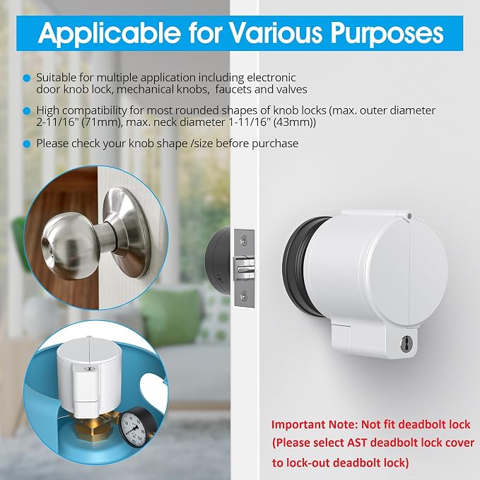 AST Adjustable Door Knob Cover with High Security Cylinder and 3 Brass Keys | Childproof Door Knob Cover with Lock, Lockout to Doorknob. Safety Cover for Faucet, Valve, Spigot. Prevent Access to Keyhole - Image 2