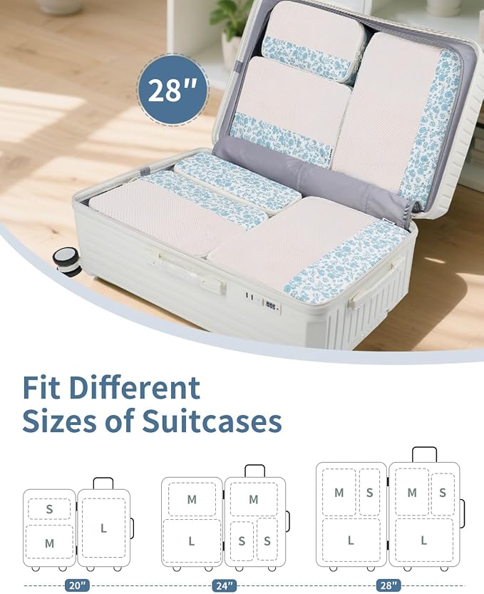Narwey 7 Set Floral Packing Cubes for Travel Carry on Suitcase Luggage Organizer Bags for Kids Women Men, Durable Packing Organizers Bag, Travel Essentials Accessories (Blue Flower) - Image 3