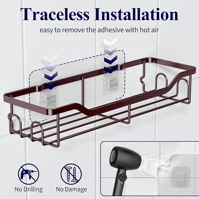 Kitsure Shower Caddy, Adhesive Shower Organizer, Large, Brown | Stainless Steel Shelf for Inside Shower, No Drill Bathroom Organizers and Storage, Home Decor Accessories - Image 4