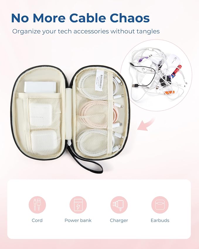 BAGSMART Electronics Organizer Travel Case for Cords Chargers Phones, Black | Puffy Padded, Travel Essentials, Cord organizer bag for Cables, Compact Tech Accessories Pouch - Image 2