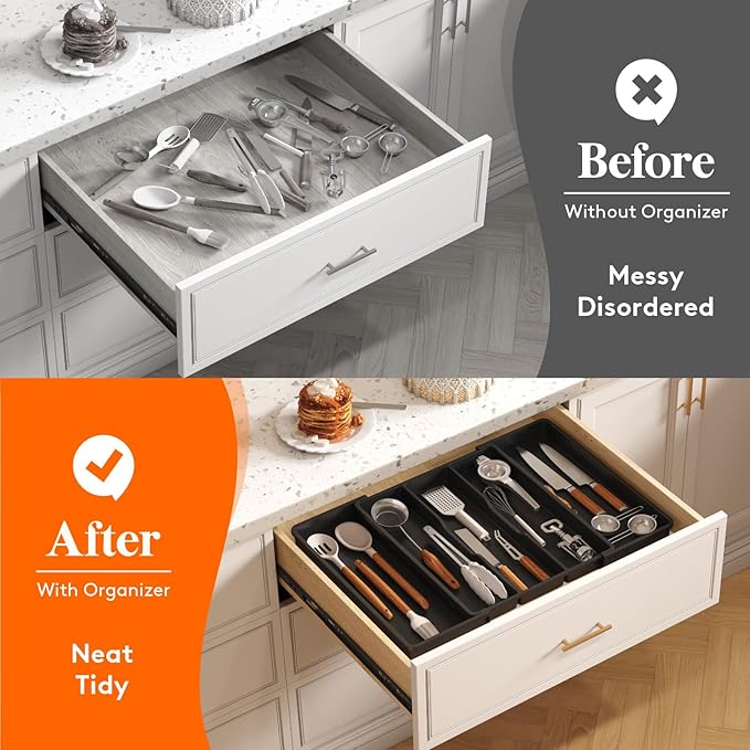 Lifewit Utensil Organizer for Kitchen Drawers, Expandable Utensil Tray | Adjustable Cooking Cutlery Silverware Flatware Holder, Plastic Spatula Tools Storage Divider, 16- 28 x 18.5", Black - Image 8
