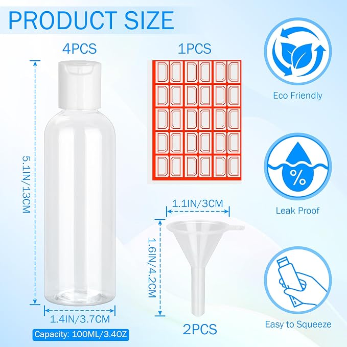 CHGANG 4 Pack Travel Bottles for Toiletries,3.4oz TSA Approved Leakproof Travel Size Containers Empty Small Plastic Travel Essentials Accessories with Labels for Shampoo,Conditioner,Lotion - Image 4