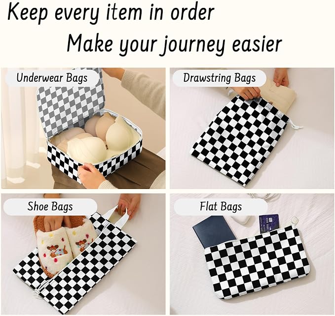 9 Set Packing Cubes for Travel Essentials - Lightweight Carry-On Luggage Organizer Bags with Shoe, Clothes & Laundry Bags for Airplane, Family & Business Travel, Black checkered - Image 5