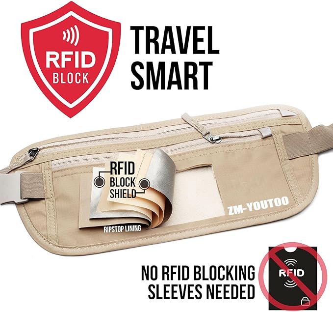 ZM-YOUTOO Money Belt for Travel - Hidden Travel Pouch Protect Your Credit and Money With RFID Blocking Passport Holder Waist Wallet (Khaki) - Image 5