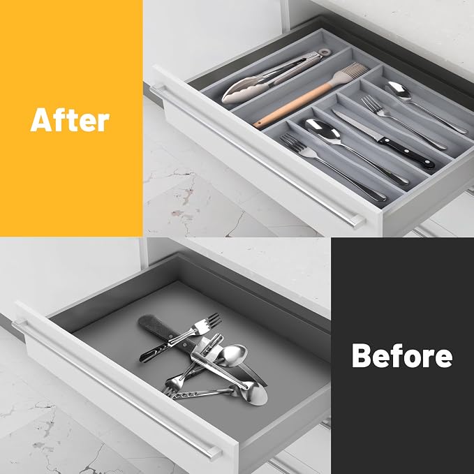 Kitchen Bamboo Silverware Organizer, Kitchen Drawer Organizer - Utensil Holder and Cutlery Tray with Grooved Drawer Dividers for Flatware 7 Slot, Grey - Image 4
