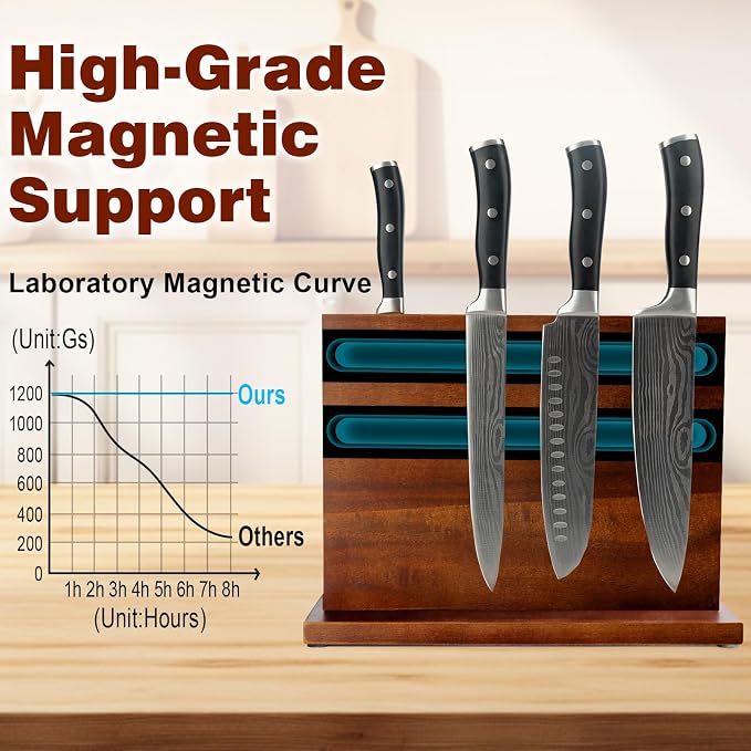 Magnetic Knife Block Double Sided Magnetic Knife Holder Rack with Strong Enhanced Magnets Acacia Wood Magnetic Knife Storage Stand-Dark Brown - Image 6