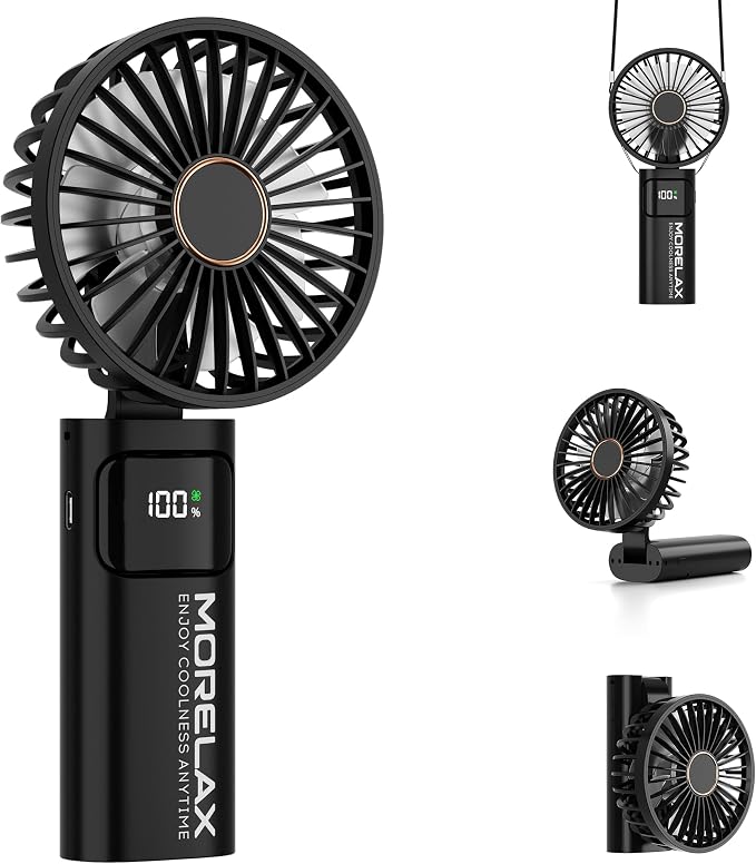 Portable Handheld Fan, USB Rechargeable Foldable Mini Personal Fan, 5200mAh, 180 Adjustable, 6 Speed Wind, 3 IN 1 Hand Cooling Desk Fan with LED Display for Home Office School Outdoor Travel, Black by Jancane