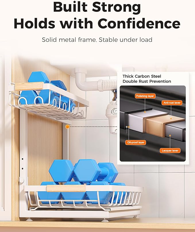 3-Pack 2-Tier Height Adjustable Under Sink Organizer, White | Multi-purpose metal storage shelf with sliding shelves for kitchen, bathroom, pantry & laundry cabinet - Image 6