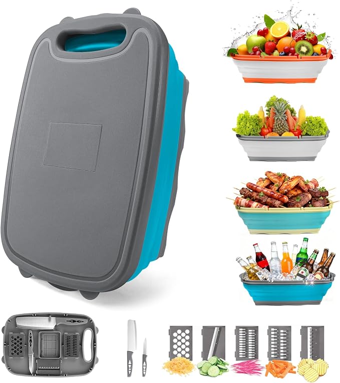 Gintan Collapsible Camping Cutting Board, 9-in-1 Chopping Board with Colander, Kitchen Vegetable Washing Basket for Camping, Camping Gifts Camping Accessories for RV Campers (Blue+Grey) by Gintan