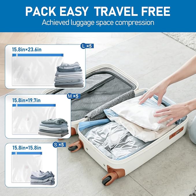 VMstr 15 Pack Travel Vacuum Storage Bags with USB Pump, Vacuum Packing Seal for Luggage and Suitcase, Space Saver for Clothes and Clothing Travel - Image 3
