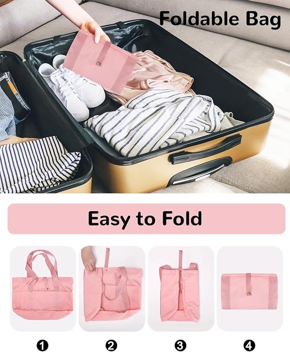 Foldable Tote Bag with Zipper for Women, 18L Nylon Lightweight Shoulder Handbag for Travel, Waterproof Beach Bag - Image 7