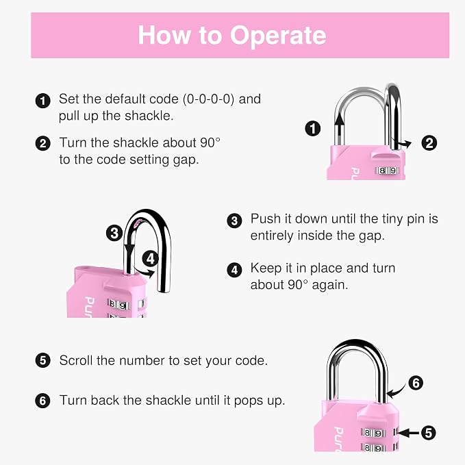 Puroma 1 Pack Combination Lock Locker 4 Digits Combo Padlock Gym Pink | For School Gate Fence Toolbox Hasp Storage, Outdoor, Resettable, Weatherproof, Side Window, Crack Cut Resist, Hardened Steel - Image 6