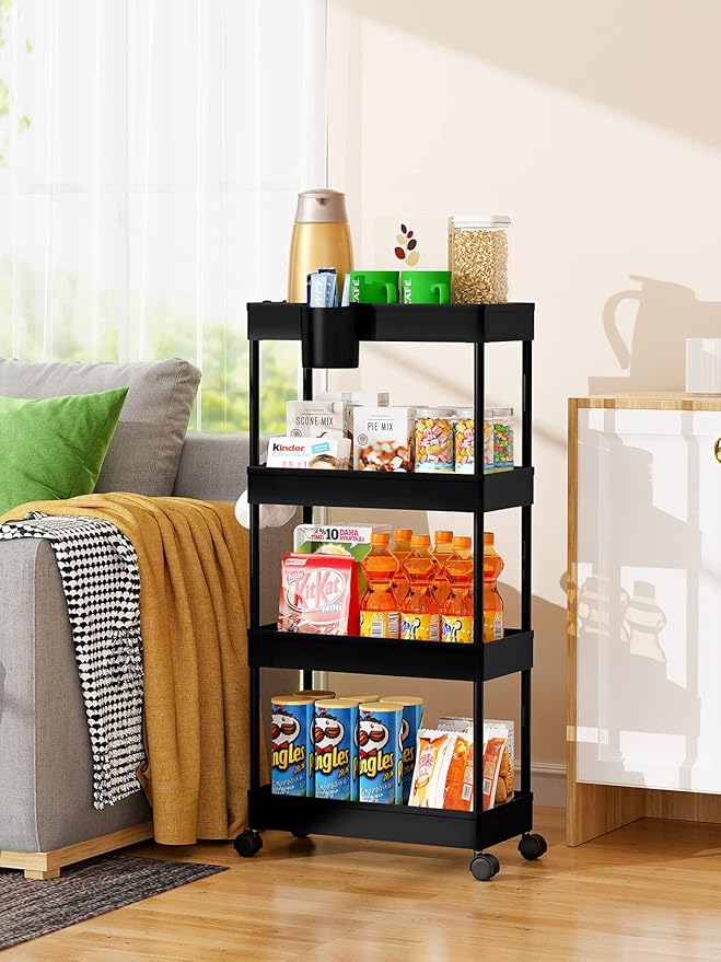 LEHOM Slim Rolling Storage Cart - 4 Tiers Bathroom Organizer Utility Cart | Slide Out Storage Shelves Mobile Shelving Unit for Kitchen, Bedroom, Office, Laundry Room, Small Narrow Spaces (7.1" W+Black) - Image 5