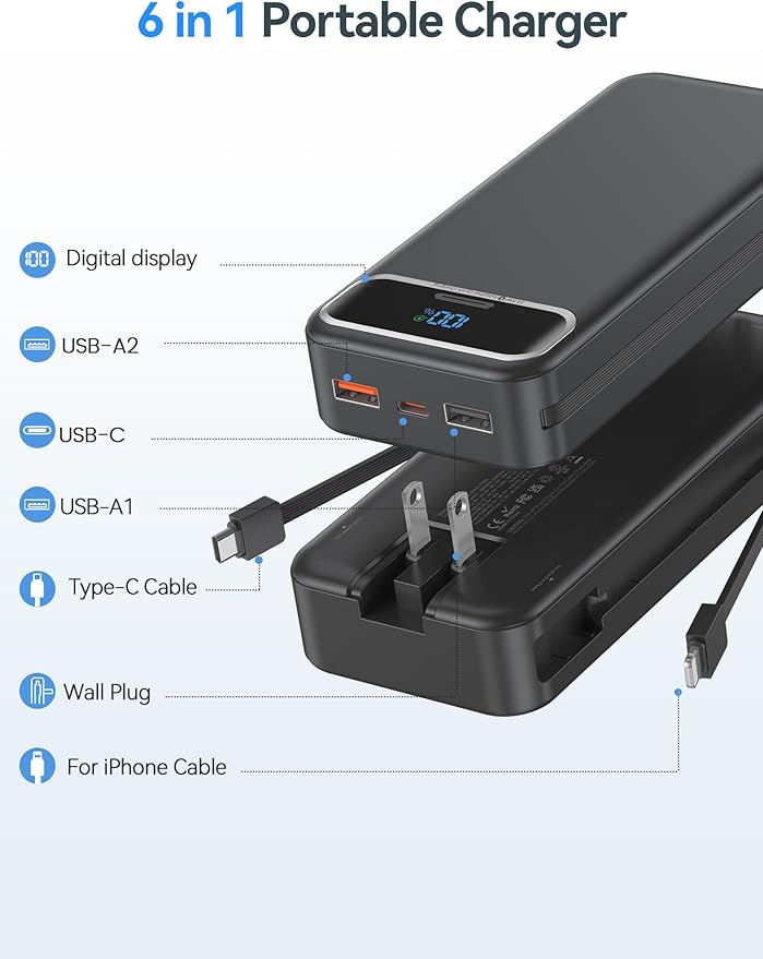 aonidi Portable Charger 20000mAh with Built-in Cables&AC Wall Plug, Black | PD20W Fast Charging,Travel Essential,TSA Approved,LED Display,All in One USB C Power Bank for All Cell Phones Devices - Image 2
