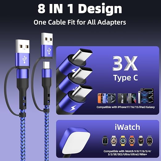 Travel Essentials Multi Charging Cable with 3 Type-C Ports/ iWatch Charger | Chargers for Multiple Devices, USB C Splitter for iWatch Ultra/11-2, iPhone 17-15/Android, Car Accessories&Cruise Essentials - Image 5