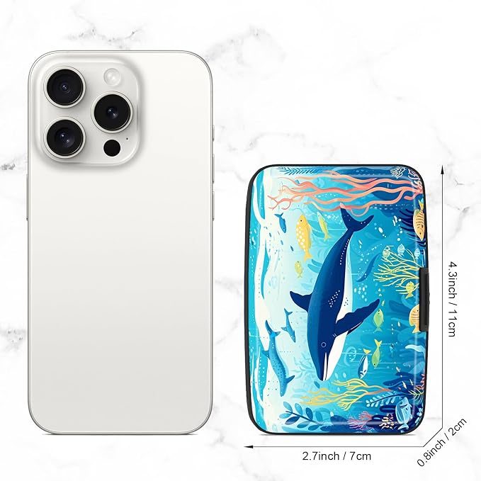 Credit Card Holder, Mini Aluminum Card Wallet RFID Blocking Slim Metal Hard Card Case for Women Men, Whales - Image 2