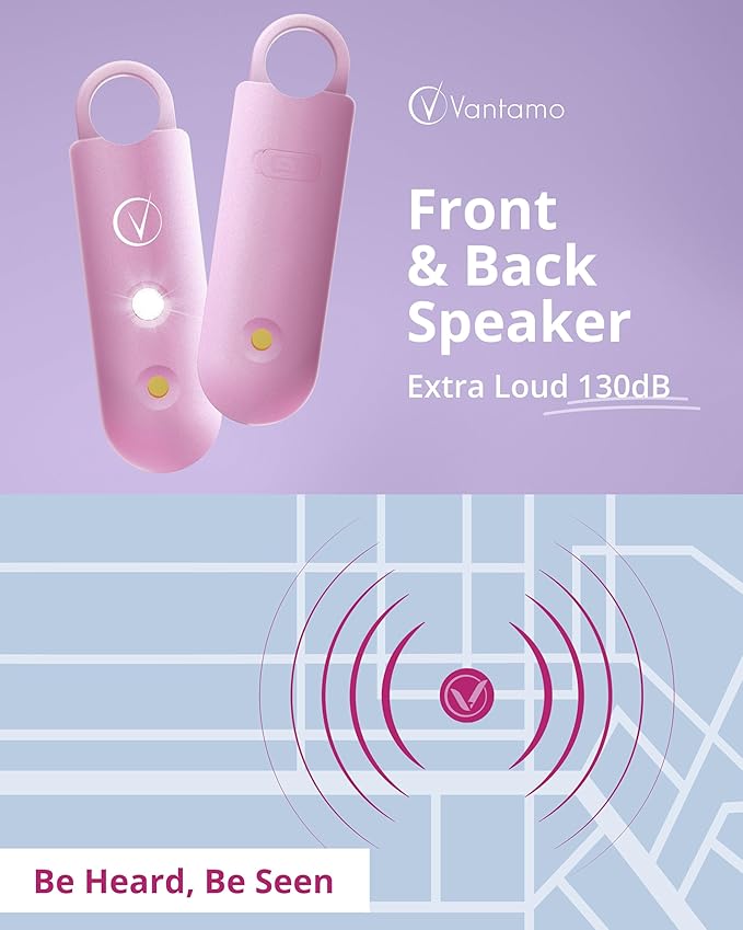 Vantamo Personal Alarm for Self Defense with Low Battery Notice, Strobe Light & Extra Loud 130 dB Double Speakers Safety Keychain Set for Women, Rechargeable Panic Button for Womens Self Defense - Image 3