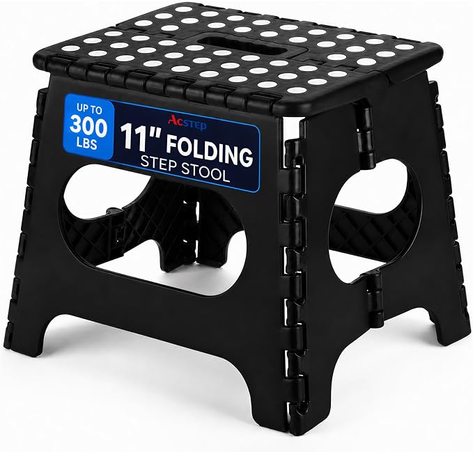 11 Inch Folding Step Stool for Kids, Non-Slip Foldable Stools, Black | Heavy Duty Collapsible Foot Stool, Lightweight with Built-in Handle, Holds 300 lb for Adults Kitchen Bathroom Bedroom Outdoor by ACSTEP