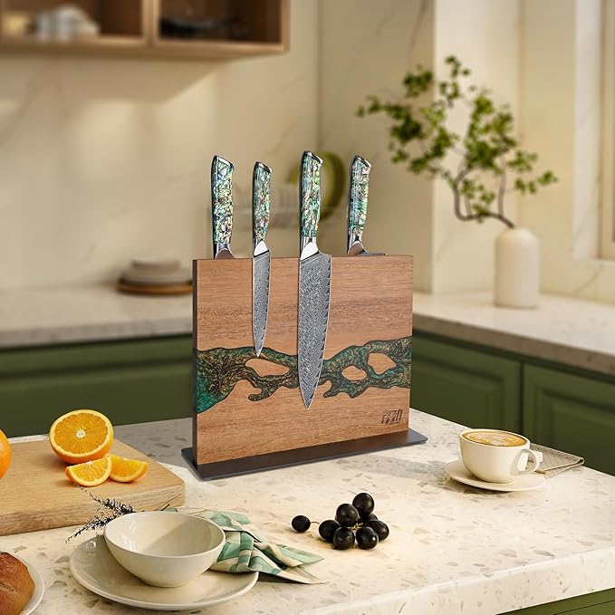 Magnetic Knife Block, Double-Sided Knife Holder with Strong Magnets, Acacia Wood and Golden Green Resin, Countertop Kitchen Knife Storage Stand (12 × 10 Inches, Without Knives) - Image 2