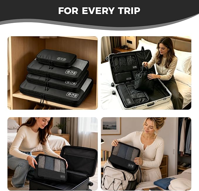 Compression Packing Cubes for Travel, 8-Piece Luggage Organizers Space-Save | Ultralight Sleek Luggage Organizer Set for Business Trips & Frequent Travelers, Space Saving for Carry-On & Suitcase - Black - Image 7