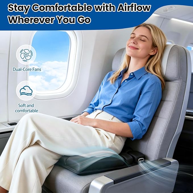 Inflatable Travel Seat Cushion for Airplane with Dual Fans,Ergonomic Design | 3-Speed Ventilated Travel Cushion Airplane Seat, Portable Airplane Seat Cushion for Long Flights, Office, Wheelchair - Image 6