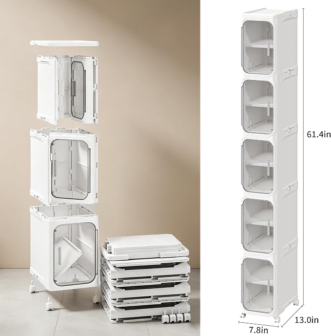 5-Tier Narrow Storage Cabinet Slim Bathroom Tall Skinny Organizer | Movable Slim Storage Cabinet with Lockable Rolling Wheels Adjustable Detachable Shelves Snap Assembly for Small Spaces,White - Image 2