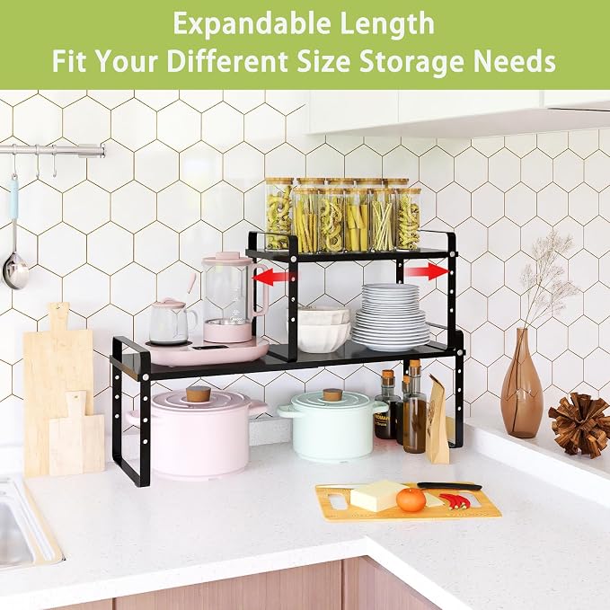 Across-Star Expandable Cabinet Shelf Organizer Rack, Stackable Kitchen Counter Storage Shelves Stand, Adjustable Height Pantry Shelf Spice Rack (Black, 1 Pack) - Image 3