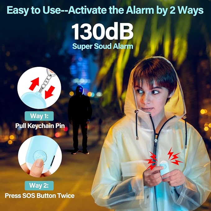 Hion Personal Safety Alarm for Women, Rechargeable 130dB Self Defense Alarm Keychain with LED Flashlight, Emergency Safe Sound Security for Children Elderly College Girls Men, Blue - Image 2