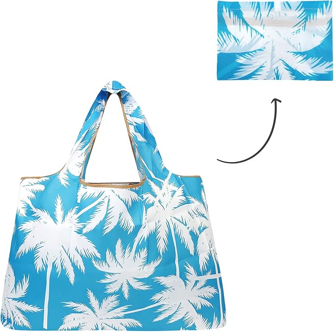 allydrew Large Foldable Tote Nylon Reusable Grocery Bags, Palm Trees in Blue - Image 5