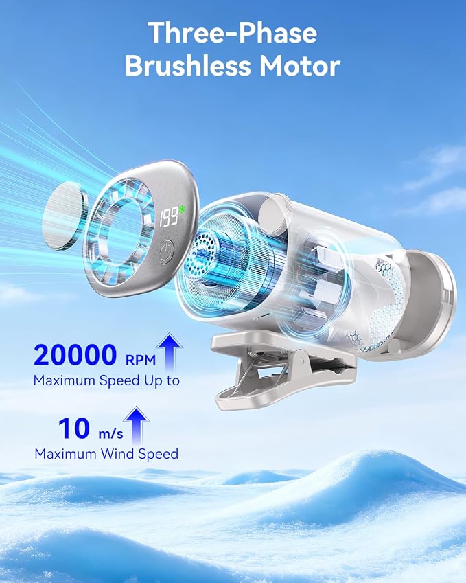 Clip-On Portable Fan with Ice Cooling, 20000 RPM Rechargeable Handheld Turbo Fan, 360° Rotating Detachable Clip, Mini Stroller Fan for Baby, Compact Travel Essentials, Summer Gifts for Women,White - Image 6