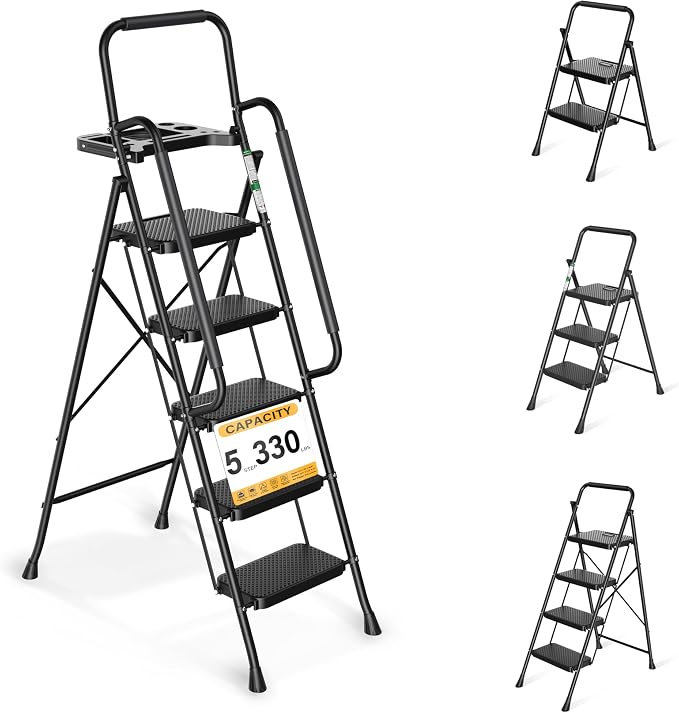 Arbusb Step Ladder, Folding Step Stool with Wide Anti-Slip Pedals, Sturdy Steel Ladder with Handrail, Space-Saving, Portable for Home & Adults, 5 Step Ladder by ArbusbHome