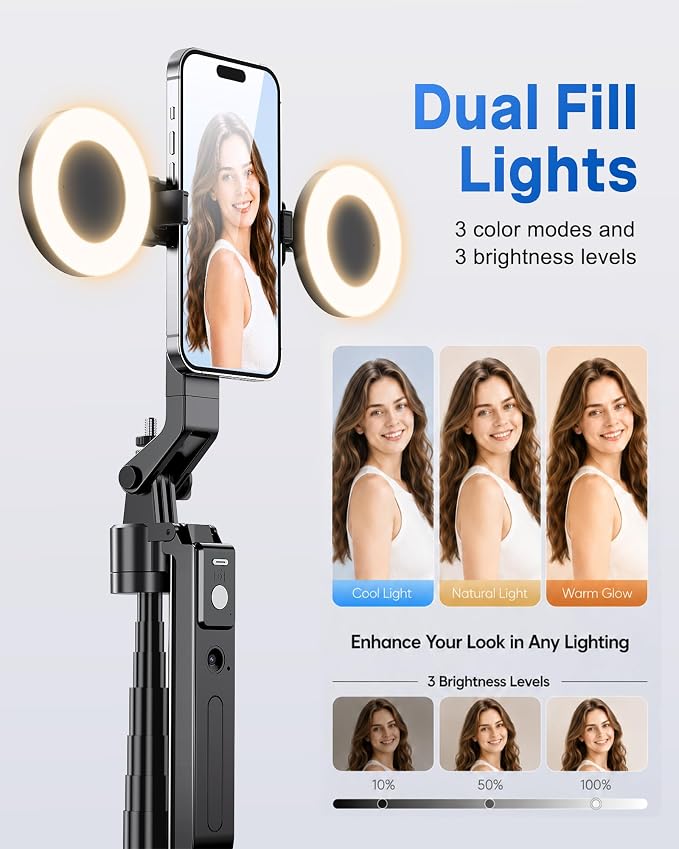 UBeesize 70" Auto Face Tracking Phone Tripod for iPhone & Camera with Light | 360° Auto Follow, Selfie Stick Mode, Dual Mini Ring Lights & Remote for Video Recording, Live Streaming and Content Creation - Image 5