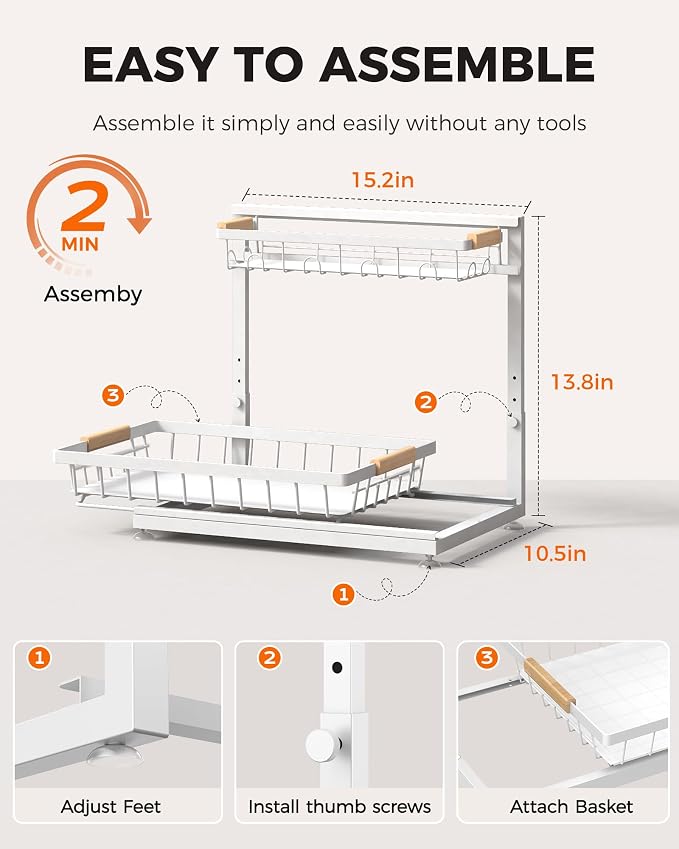 2-Pack 2-Tier Height Adjustable Under Sink Organizer & Storage | Multi-purpose storage for kitchen & bathroom cabinet. Extra Large white shelf, height adjustable design for space-saving. - Image 9