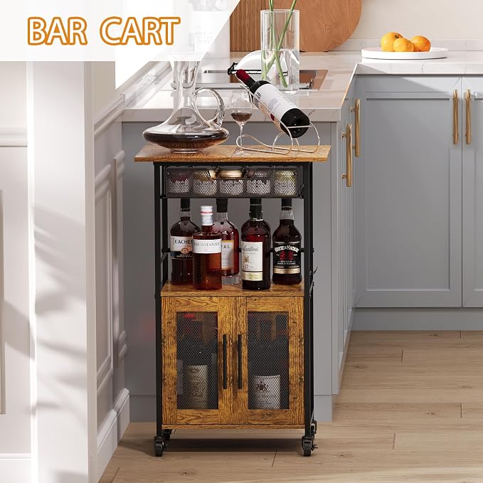3 Tier Slim Rolling Coffee Cart with 2-Door & Pull-Out Wire Basket Drawer, Coffee Bar Cabinet on Lockable Casters, 32.7" H Microwave Cart with Storage for Home, Kitchen, Living Room (Rustic Brown) - Image 6