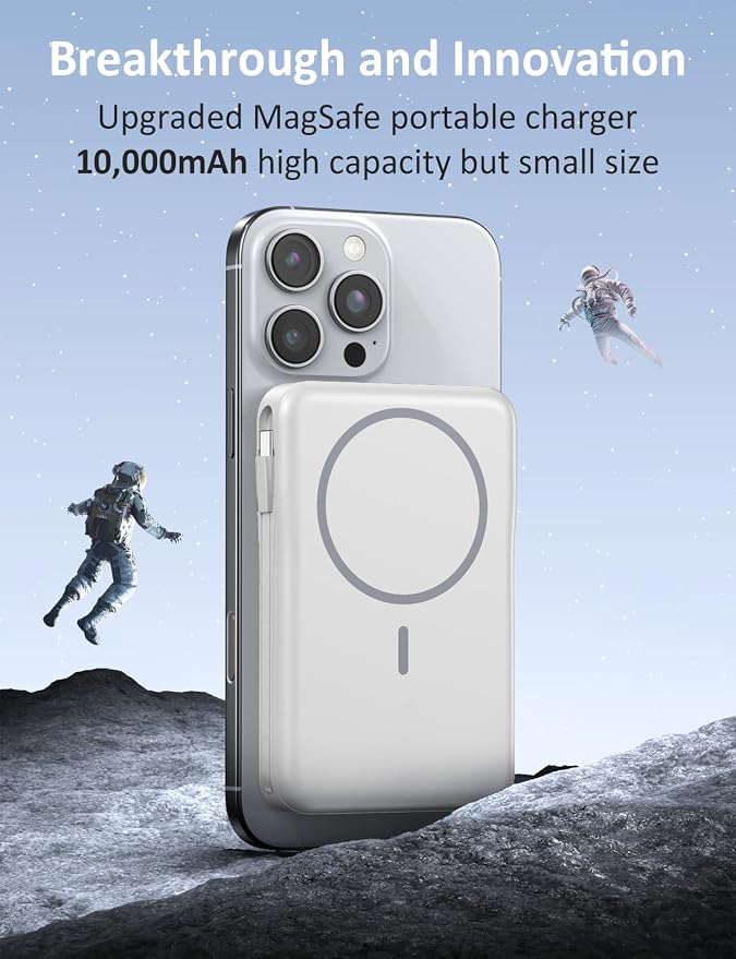 Magnetic Portable Charger 10000mAh, 20W Power Bank with Built in Cable | 20W Fast Charging for Magsafe Battery Pack with LED Display, Travel Essential for iPhone 17/16/15/14/13/12 Pro/Pro Max-White - Image 3