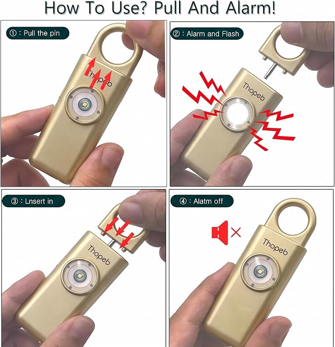 Thopeb Personal Safety Alarm for Women – Upgraded Rechargeable | Strobe with Separate Switch, 135dB Siren, Long-Lasting Protection, Stylish Keychain (Metallic Gold) - Image 3