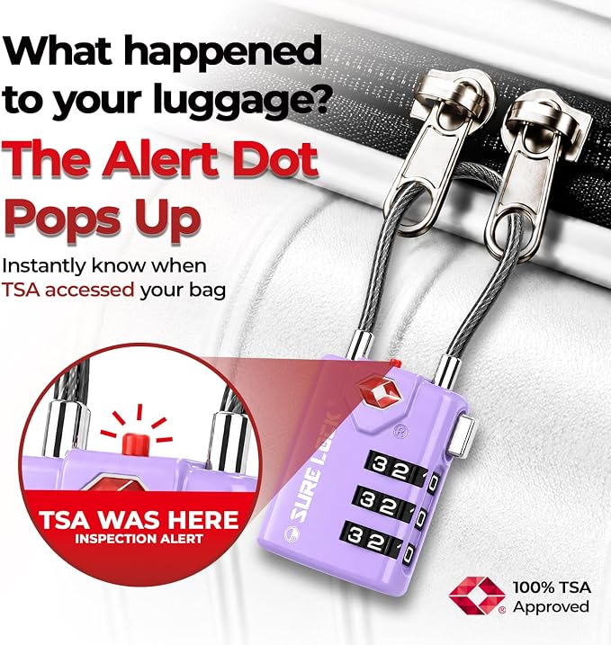SURE LOCK TSA Approved Luggage Locks with Open Alert Indicator, 3 Digit Combination Cable Travel Lock for Suitcase, Backpack, Gym Locker, Toolbox & Travel Bag(2, Purple 2 Pack) - Image 3