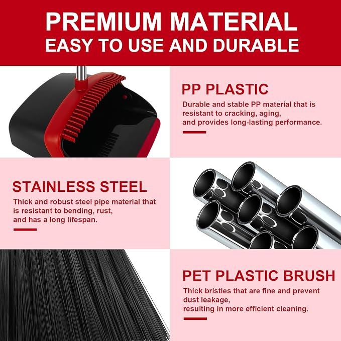 Red Broom and Dustpan Combo Set, 55" Long Handle Broom | Large Area Outdoor Cleaning, Extended Reach Design, Built-in Comb Dustpan, Foldable Storage for Garage, Patio & Home - Image 2