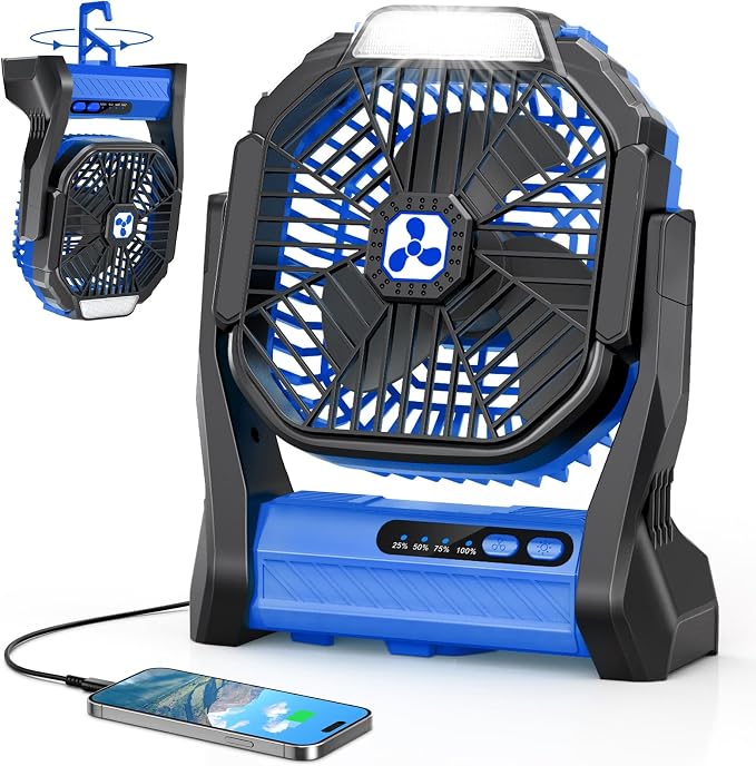 Portable Rechargeable Fan, 20000mAh Cordless Battery Powered Camping Fans | with LED Lantern Operated Outdoor Ventiladores for Travel Tent Camp Fishing Office Home Essentials Blue by Unknown