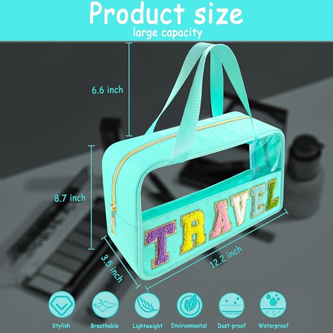 Bunliuys Chenille Letter Clear Makeup Bag Travel Patch, Travel Toiletry Makeup Bag with Handle, Nylon Waterproof Makeup Bags clear cosmetic bag, preppy patch makeup bag for Women (TRAVEL-Mint Green) - Image 2