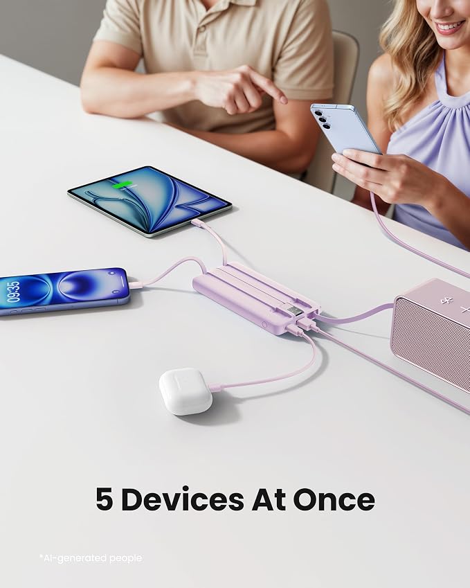 Portable Charger with Built-in Cable, 10000mAh Slim USB C Power Bank, External Battery Pack 5 Outputs 2 Inputs LED Display Compatible with iPhone/Android & More (Lavender) - Image 3
