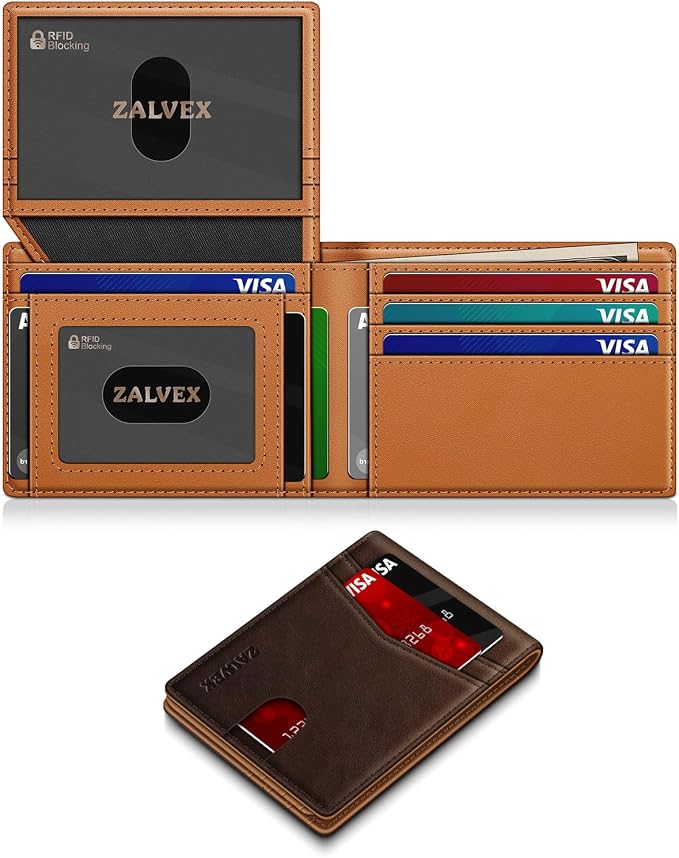 ZALVEX Wallet for Men Slim RFID Blocking Leather Credit Card Holder Wallet | 14 Cards Bifold Minimalist Thin Wallet with 2 ID Windows & Cash Slot Front Pockt Carteras Para Hombres Birthday Gifts for Men by ZALVEX